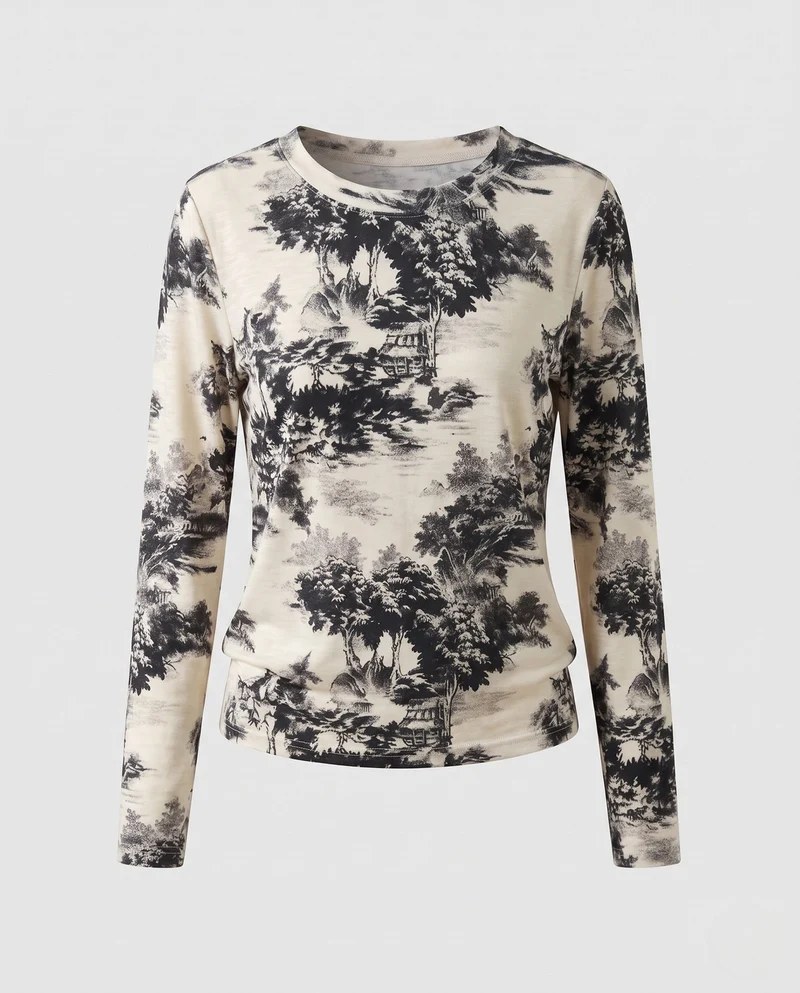 Damen Feines Langarmshirt mit zartem Allover-Print und Rundhalsausschnitt Nord Taschen
