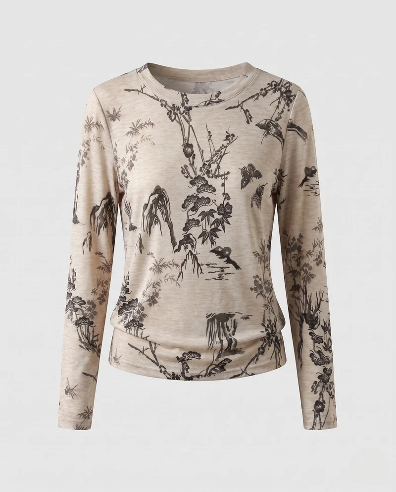 Damen Feines Langarmshirt mit zartem Allover-Print und Rundhalsausschnitt Nord Taschen