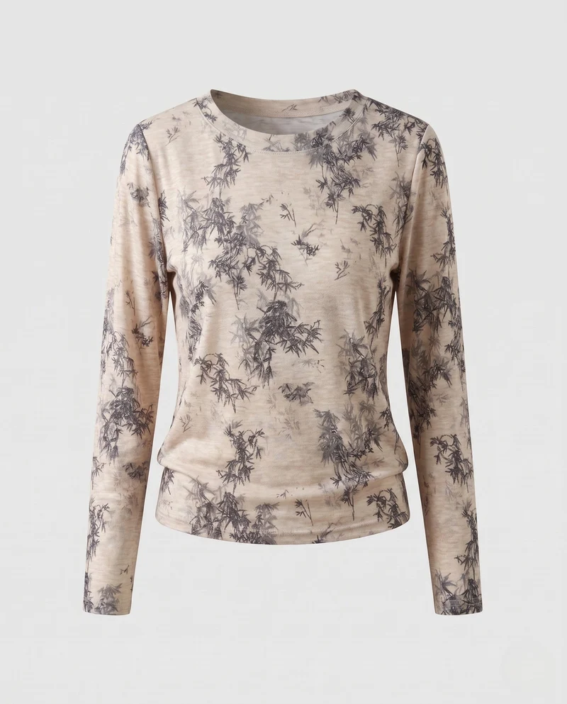 Damen Feines Langarmshirt mit zartem Allover-Print und Rundhalsausschnitt Nord Taschen