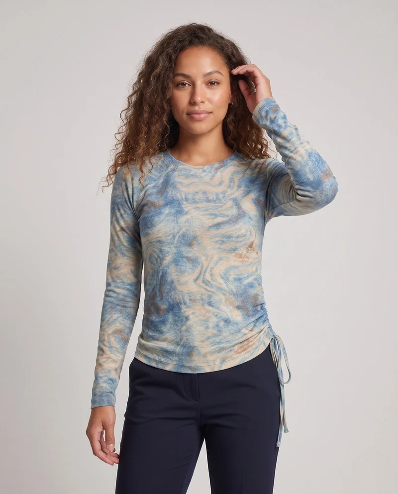 Damen Feines Langarmshirt mit zartem Aquarell-Blumenprint und Seitenschnürung Nord Taschen