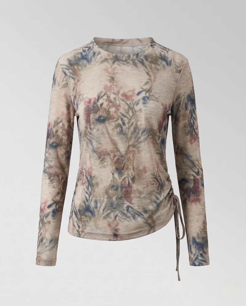 Damen Feines Langarmshirt mit zartem Aquarell-Blumenprint und Seitenschnürung Nord Taschen