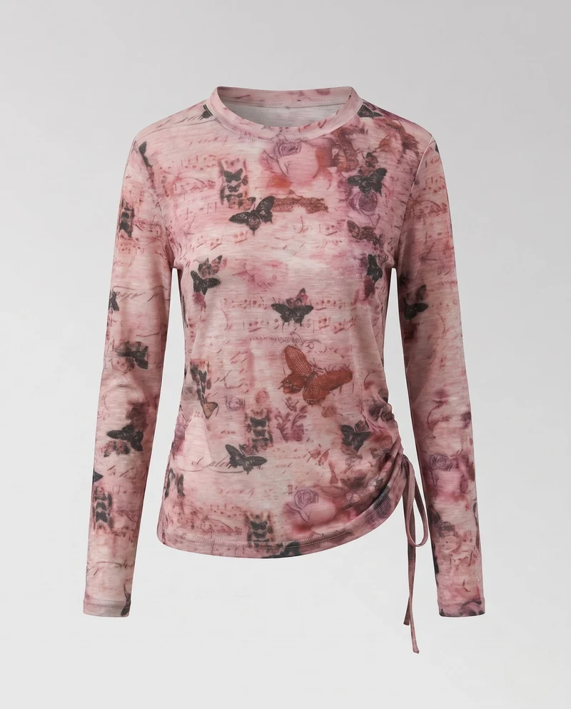 Damen Feines Langarmshirt mit zartem Aquarell-Blumenprint und Seitenschnürung Nord Taschen
