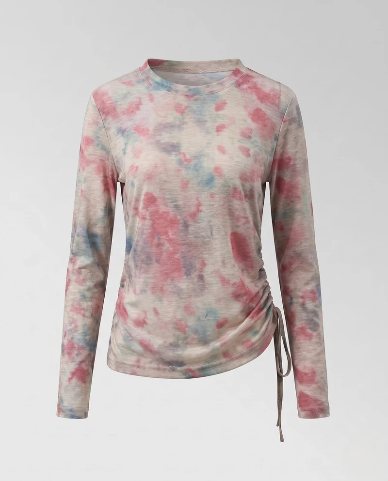 Damen Feines Langarmshirt mit zartem Aquarell-Blumenprint und Seitenschnürung Nord Taschen
