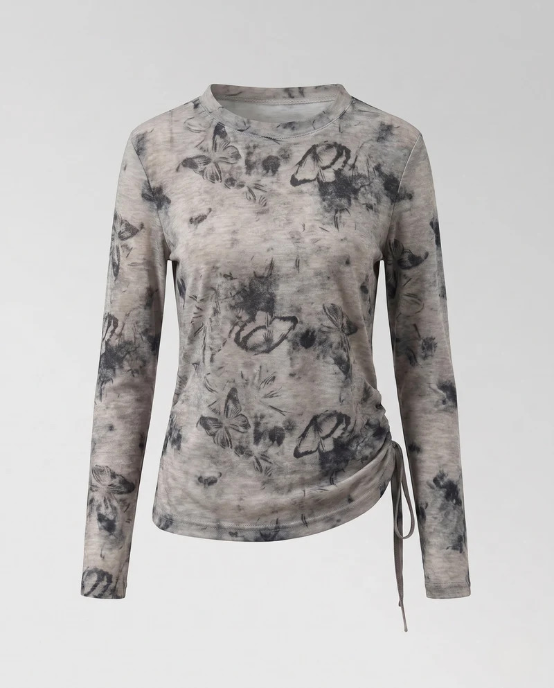 Damen Feines Langarmshirt mit zartem Aquarell-Blumenprint und Seitenschnürung Nord Taschen