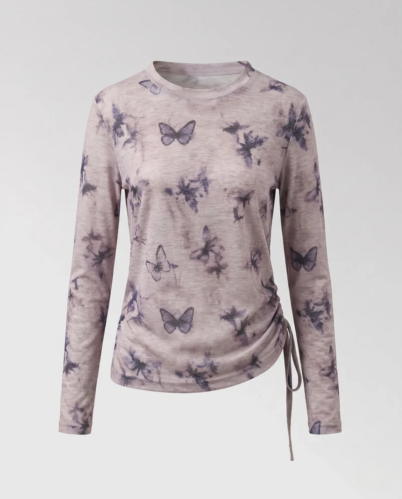 Damen Feines Langarmshirt mit zartem Aquarell-Blumenprint und Seitenschnürung Nord Taschen