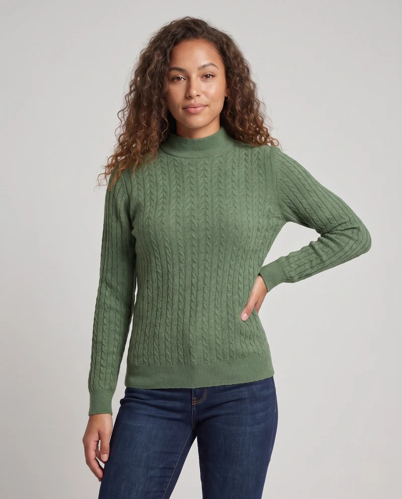 Damen Feiner Zopfmuster‑Strickpullover mit kurzem Rollkragen aus Merino‑Mix Nord Taschen