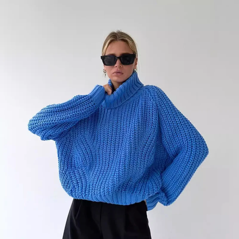 Damen Oversized Grobstrick-Pullover mit Rollkragen und weitem Schnitt Nord Taschen