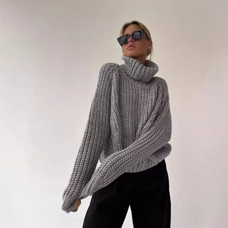 Damen Oversized Grobstrick-Pullover mit Rollkragen und weitem Schnitt Nord Taschen