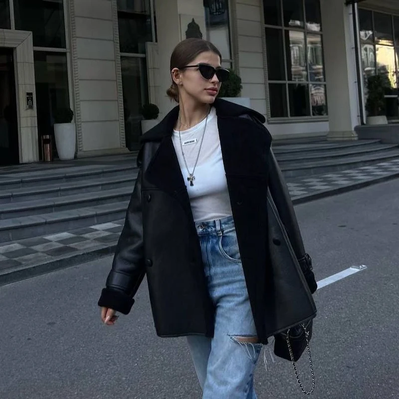 Damen Oversized Fliegerjacke aus Lammfellimitat mit Doppelreihiger Knopfleiste Nord Taschen