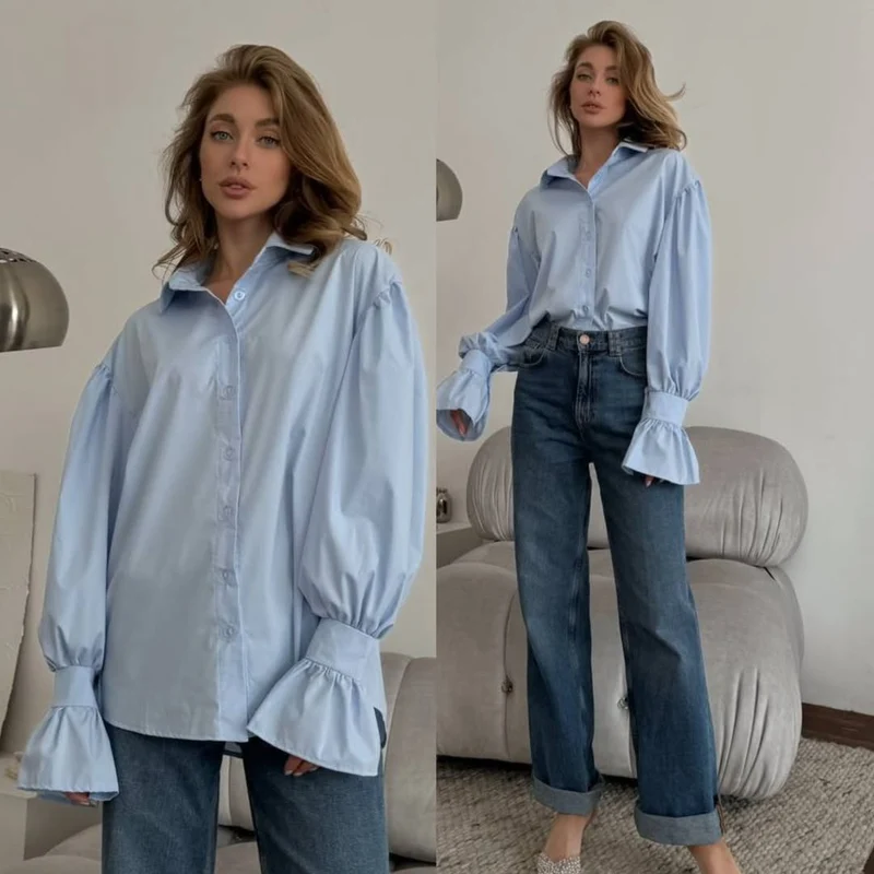 Damen Oversized-Bluse mit Volant-Manschetten und Ballonärmeln Nord Taschen