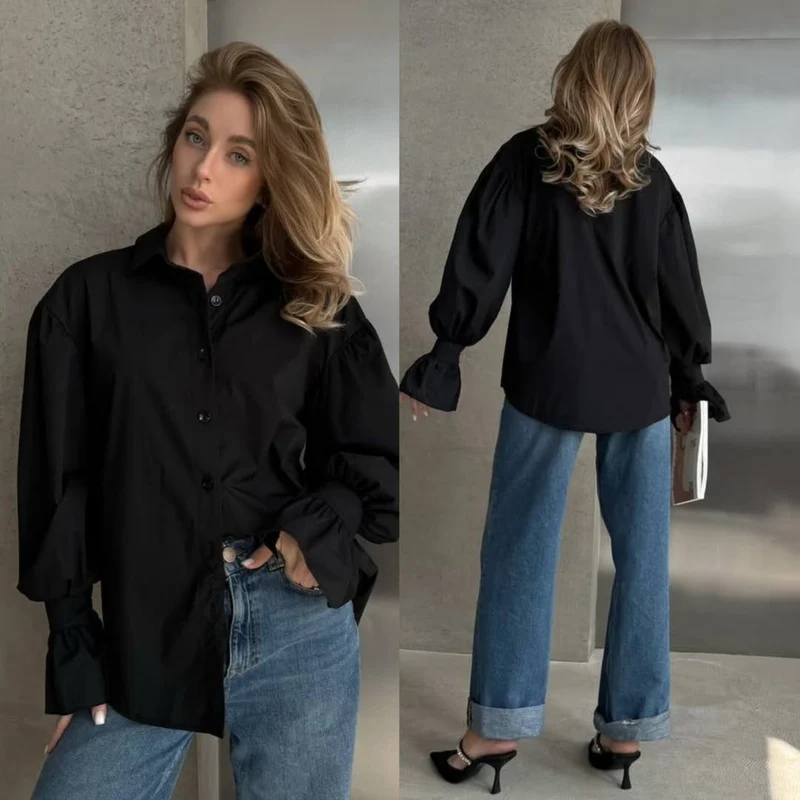 Damen Oversized-Bluse mit Volant-Manschetten und Ballonärmeln Nord Taschen