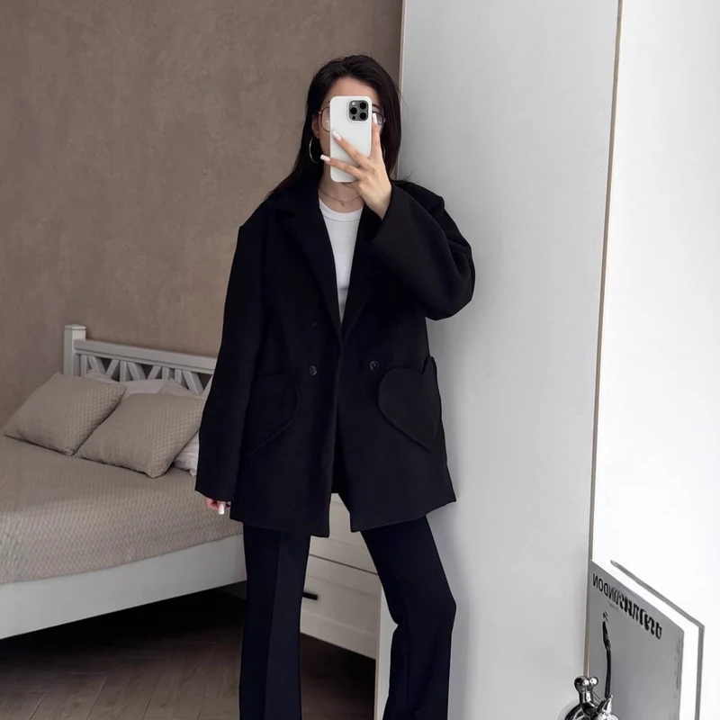 Damen Oversized Blazer-Mantel mit herzförmigen Taschen Nord Taschen