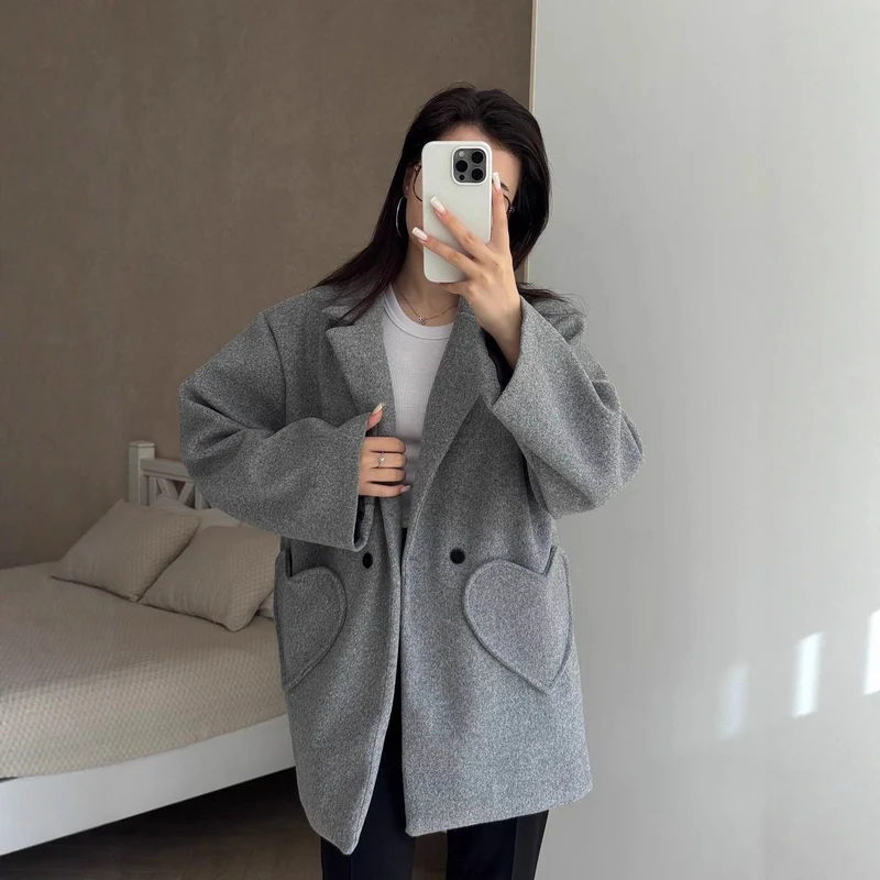 Damen Oversized Blazer-Mantel mit herzförmigen Taschen Nord Taschen