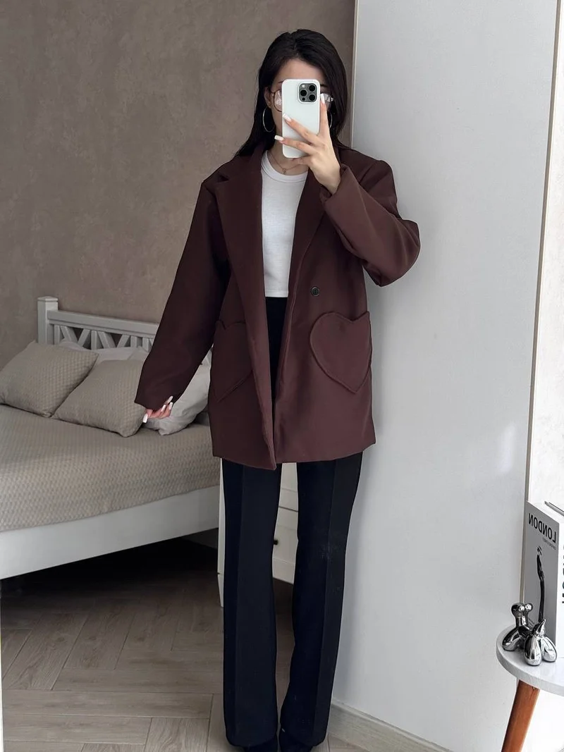 Damen Oversized Blazer-Mantel mit herzförmigen Taschen Nord Taschen