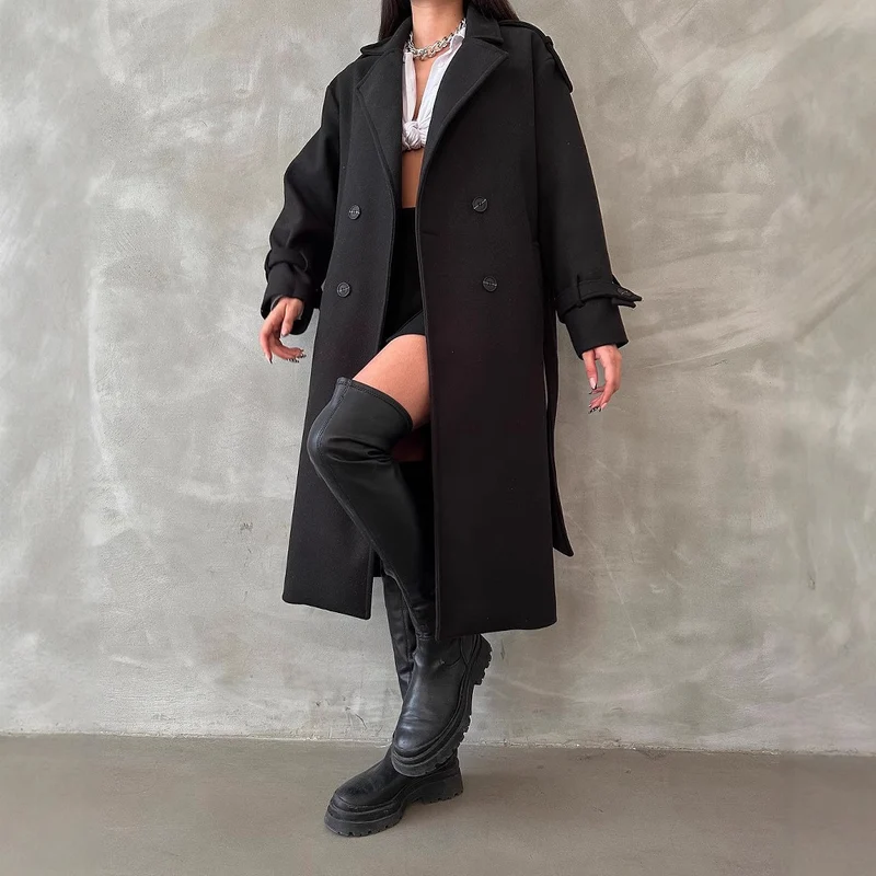 Damen Oversize Wollmix-Mantel mit doppelreihiger Knopfleiste und Taillengürtel Nord Taschen