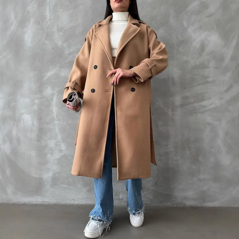 Damen Oversize Wollmix-Mantel mit doppelreihiger Knopfleiste und Taillengürtel Nord Taschen