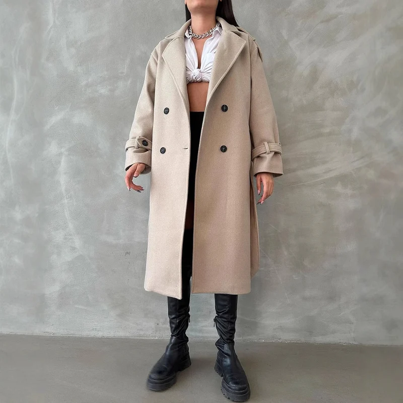 Damen Oversize Wollmix-Mantel mit doppelreihiger Knopfleiste und Taillengürtel Nord Taschen