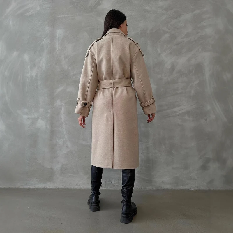 Damen Oversize Wollmix-Mantel mit doppelreihiger Knopfleiste und Taillengürtel Nord Taschen