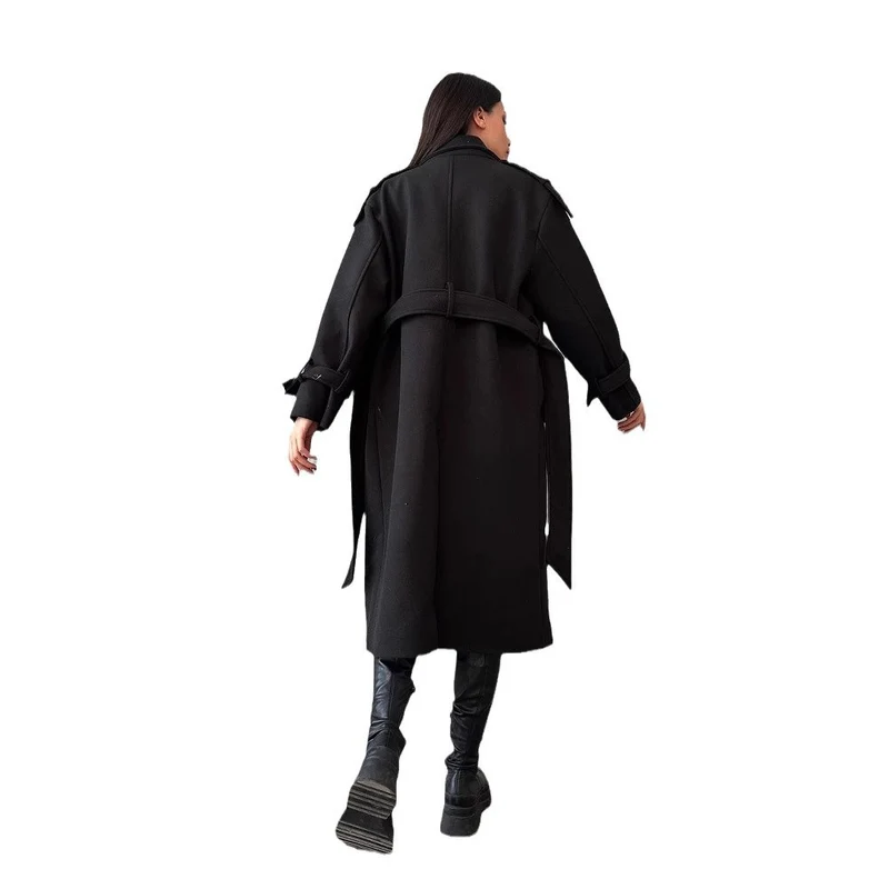 Damen Oversize Wollmix-Mantel mit doppelreihiger Knopfleiste und Taillengürtel Nord Taschen