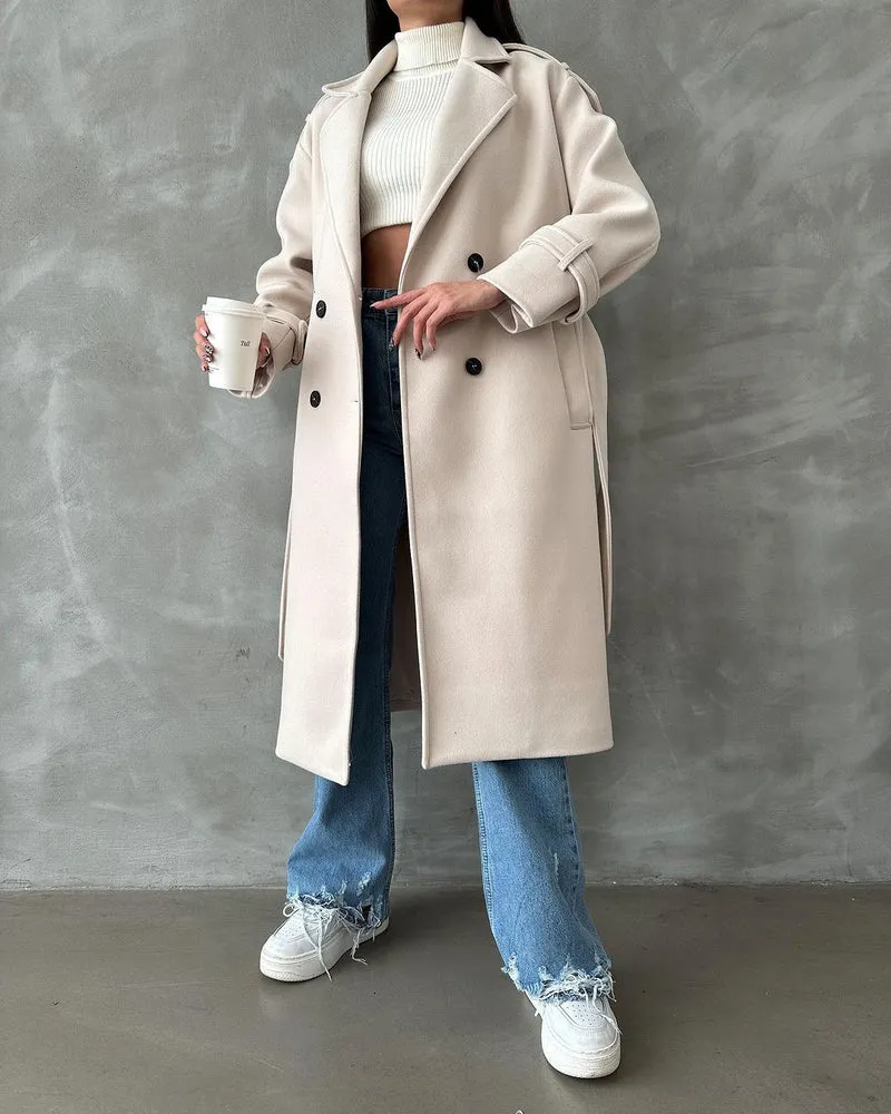 Damen Oversize Wollmix-Mantel mit doppelreihiger Knopfleiste und Taillengürtel Nord Taschen