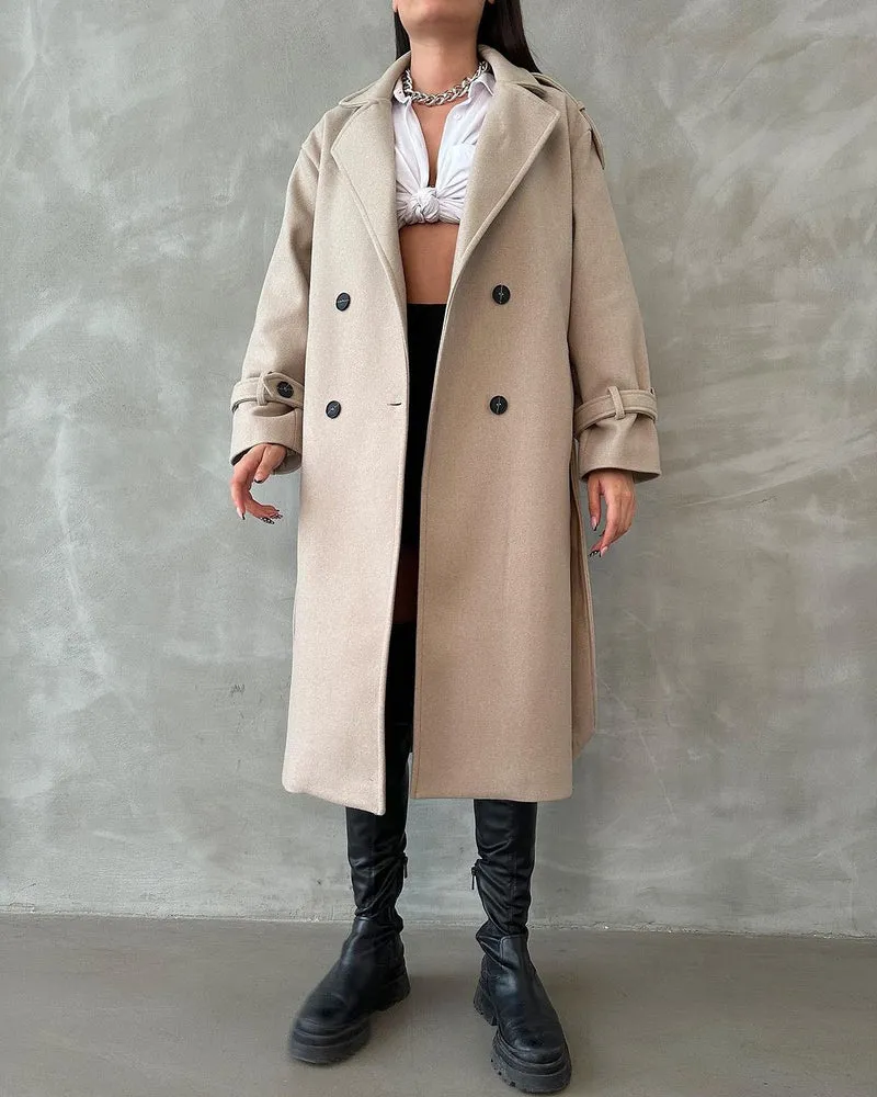 Damen Oversize Wollmix-Mantel mit doppelreihiger Knopfleiste und Taillengürtel Nord Taschen