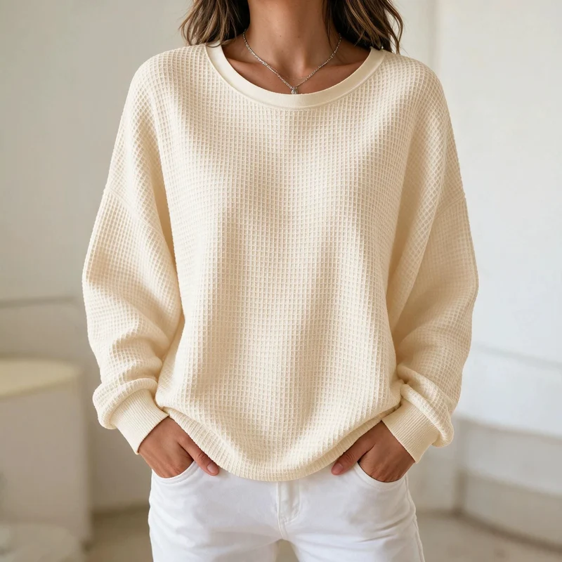 Damen Oversize Waffelstrick-Sweatshirt mit Rundhalsausschnitt Nord Taschen
