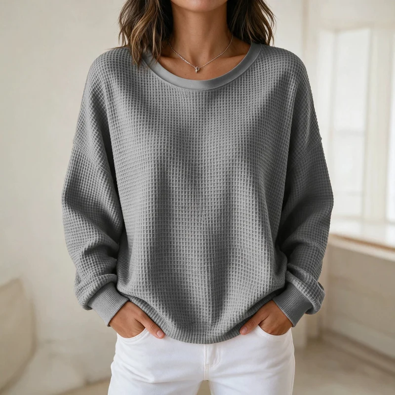 Damen Oversize Waffelstrick-Sweatshirt mit Rundhalsausschnitt Nord Taschen