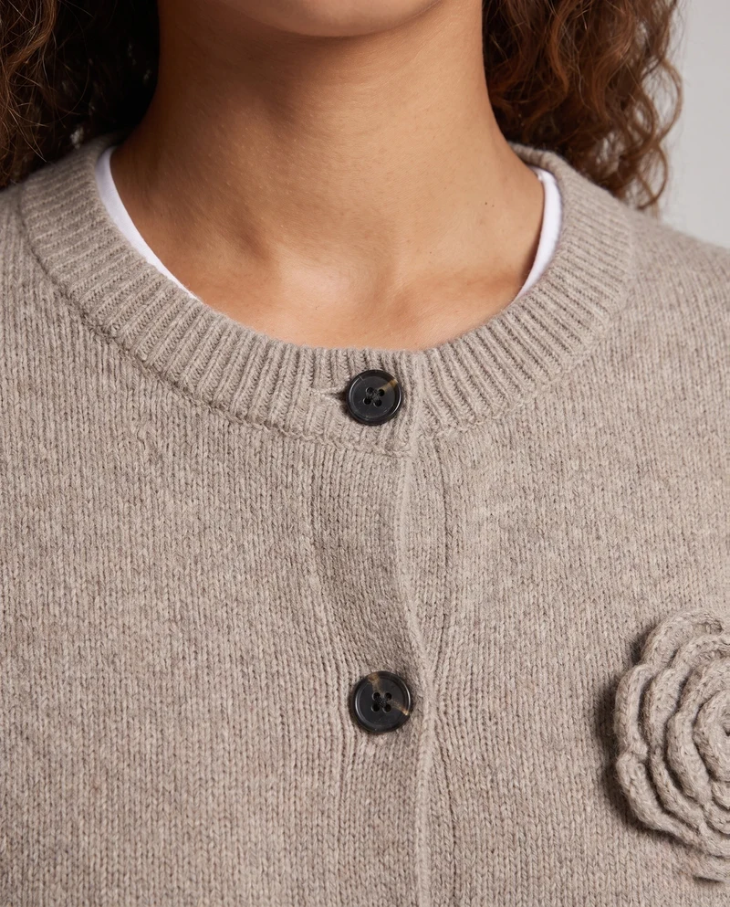 Damen Feiner Kaschmir‑Look Knopfcardigan mit Zierblüte und geripptem Saum Nord Taschen