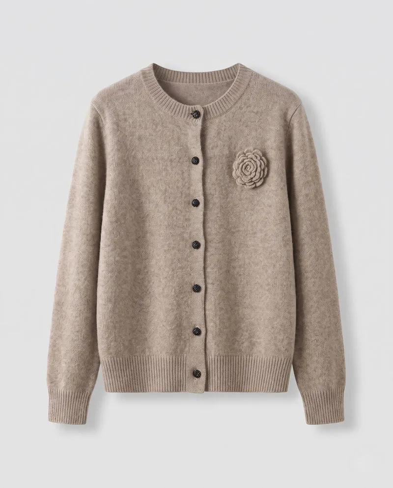 Damen Feiner Kaschmir‑Look Knopfcardigan mit Zierblüte und geripptem Saum Nord Taschen