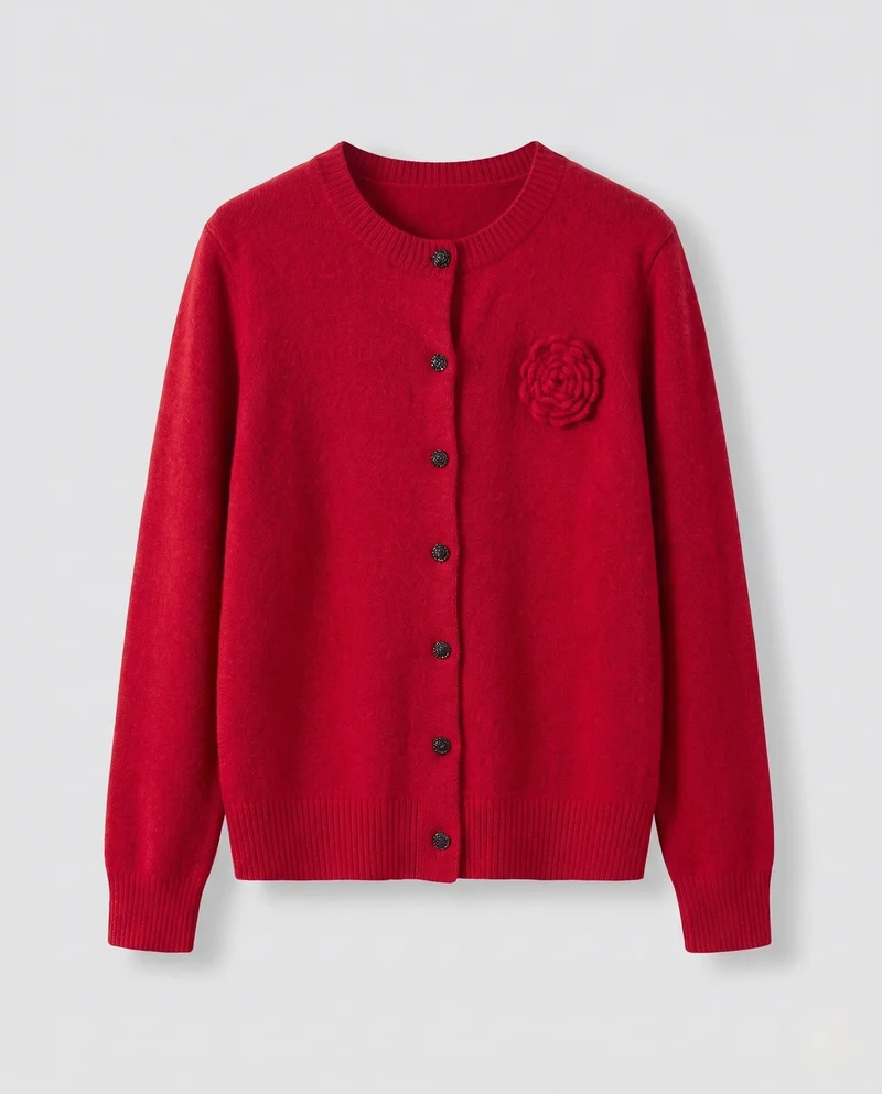 Damen Feiner Kaschmir‑Look Knopfcardigan mit Zierblüte und geripptem Saum Nord Taschen