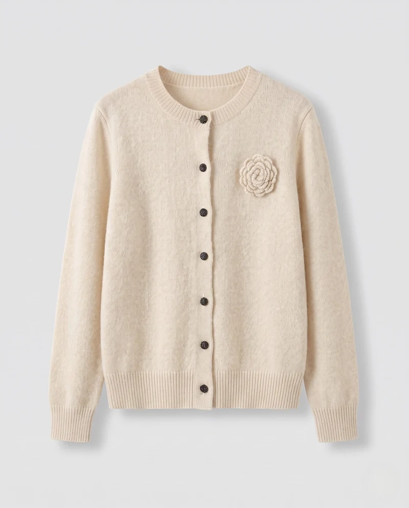 Damen Feiner Kaschmir‑Look Knopfcardigan mit Zierblüte und geripptem Saum Nord Taschen