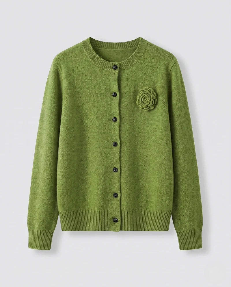 Damen Feiner Kaschmir‑Look Knopfcardigan mit Zierblüte und geripptem Saum Nord Taschen