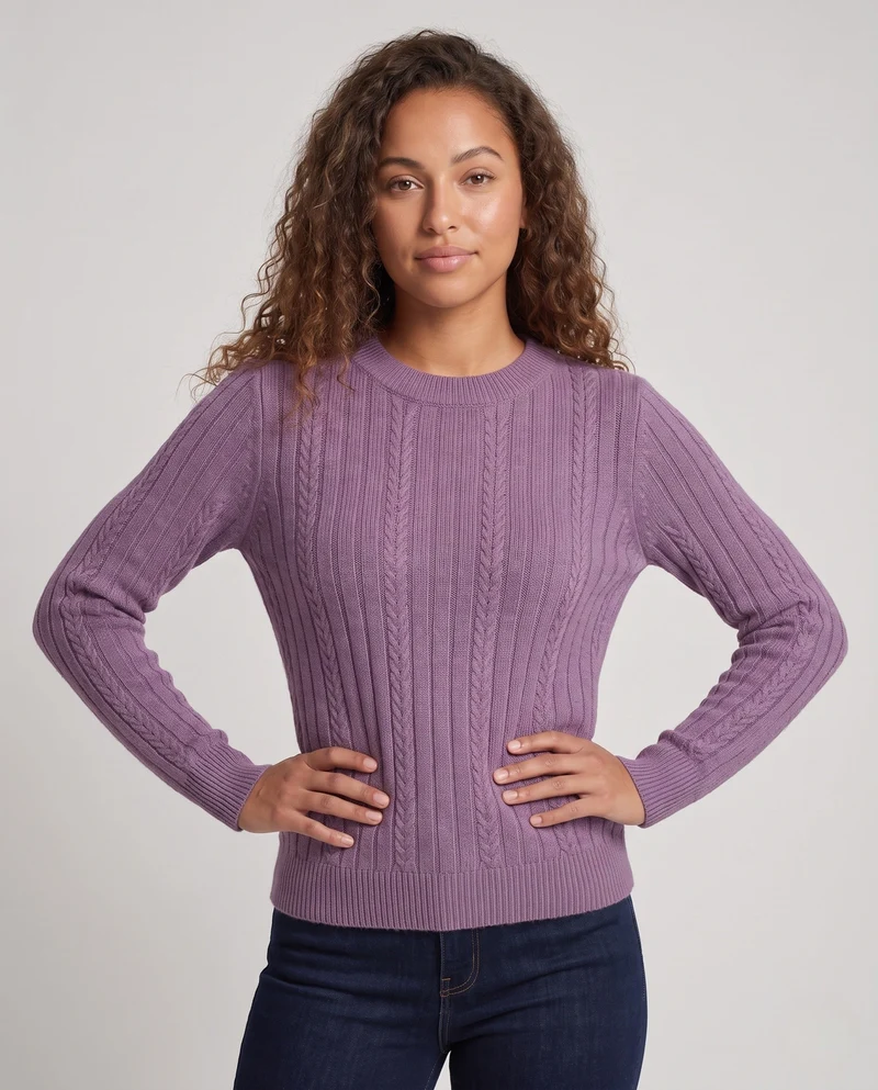 Damen Feiner gerippter Zopfmuster-Pullover mit Rundhalsausschnitt und kaschmirähnlicher Weichheit Nord Taschen