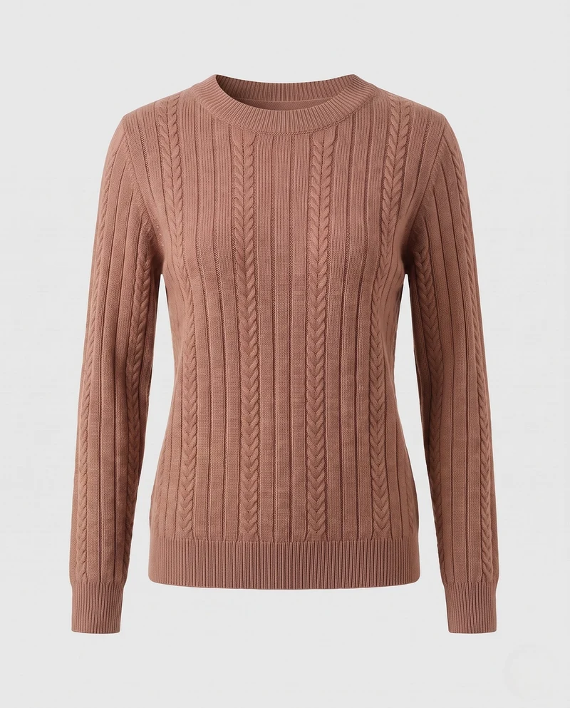 Damen Feiner gerippter Zopfmuster-Pullover mit Rundhalsausschnitt und kaschmirähnlicher Weichheit Nord Taschen