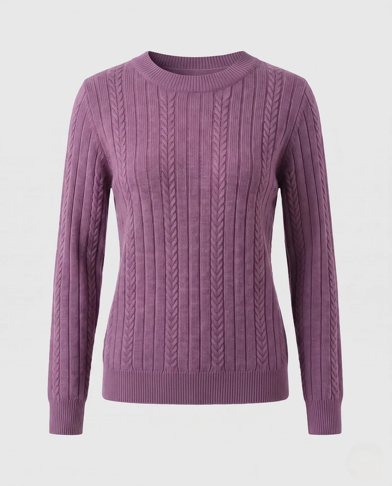 Damen Feiner gerippter Zopfmuster-Pullover mit Rundhalsausschnitt und kaschmirähnlicher Weichheit Nord Taschen