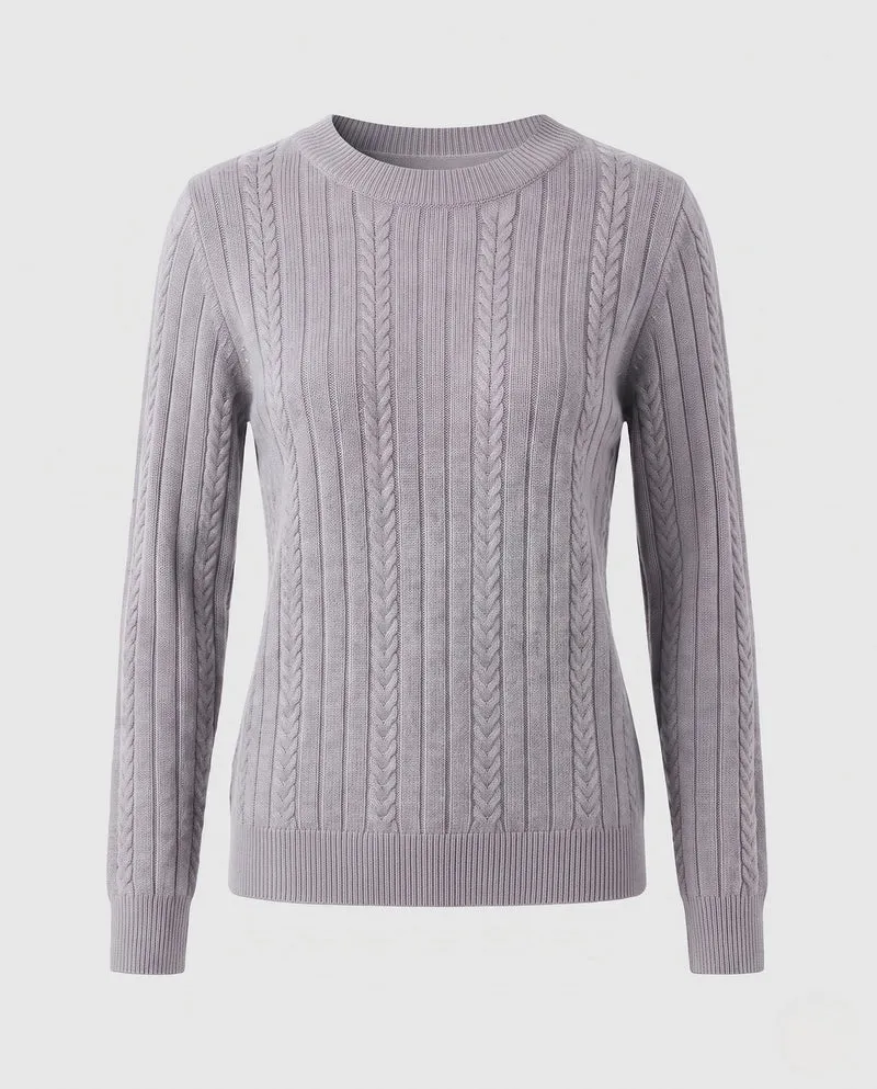 Damen Feiner gerippter Zopfmuster-Pullover mit Rundhalsausschnitt und kaschmirähnlicher Weichheit Nord Taschen