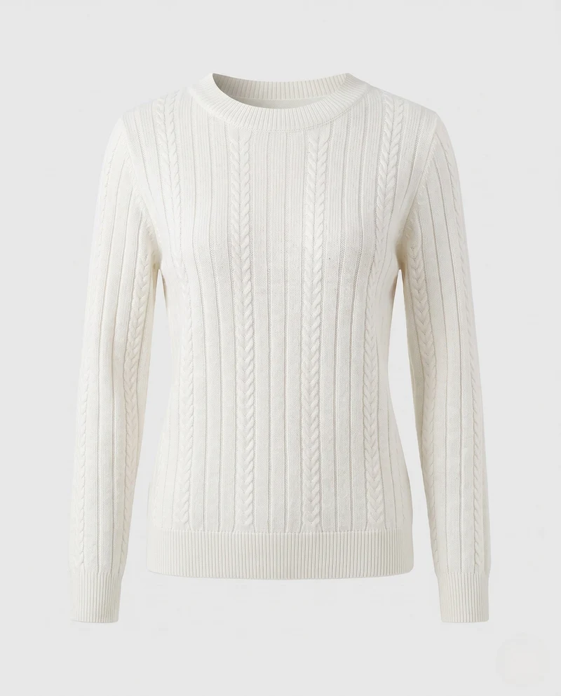 Damen Feiner gerippter Zopfmuster-Pullover mit Rundhalsausschnitt und kaschmirähnlicher Weichheit Nord Taschen