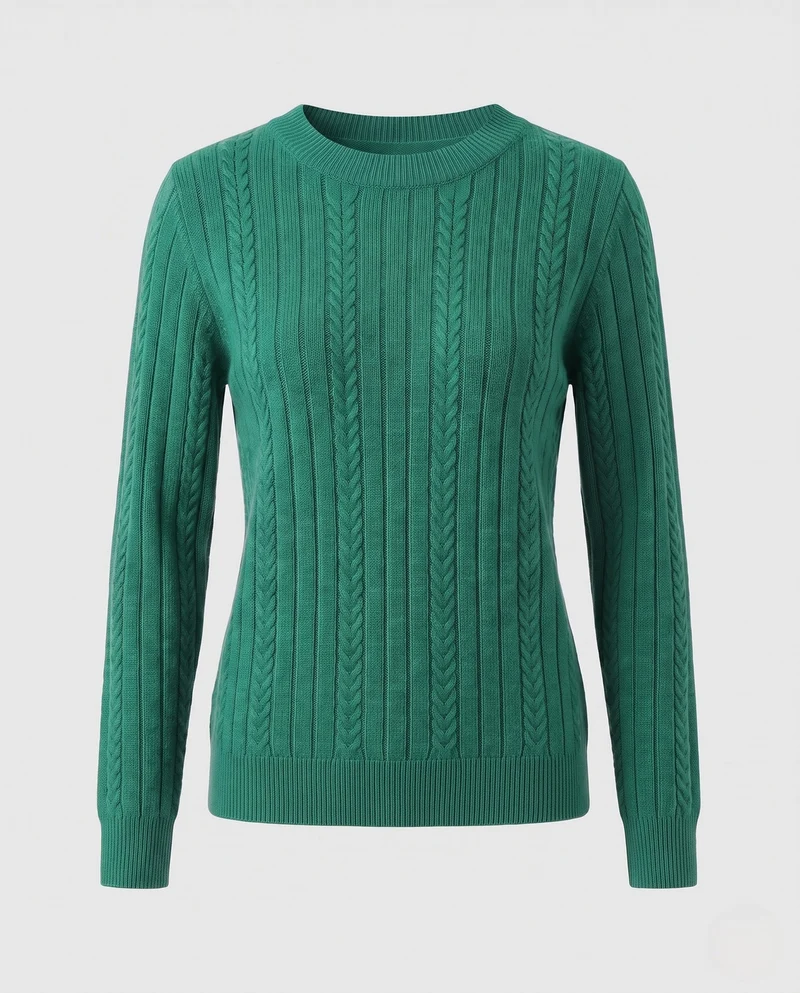 Damen Feiner gerippter Zopfmuster-Pullover mit Rundhalsausschnitt und kaschmirähnlicher Weichheit Nord Taschen