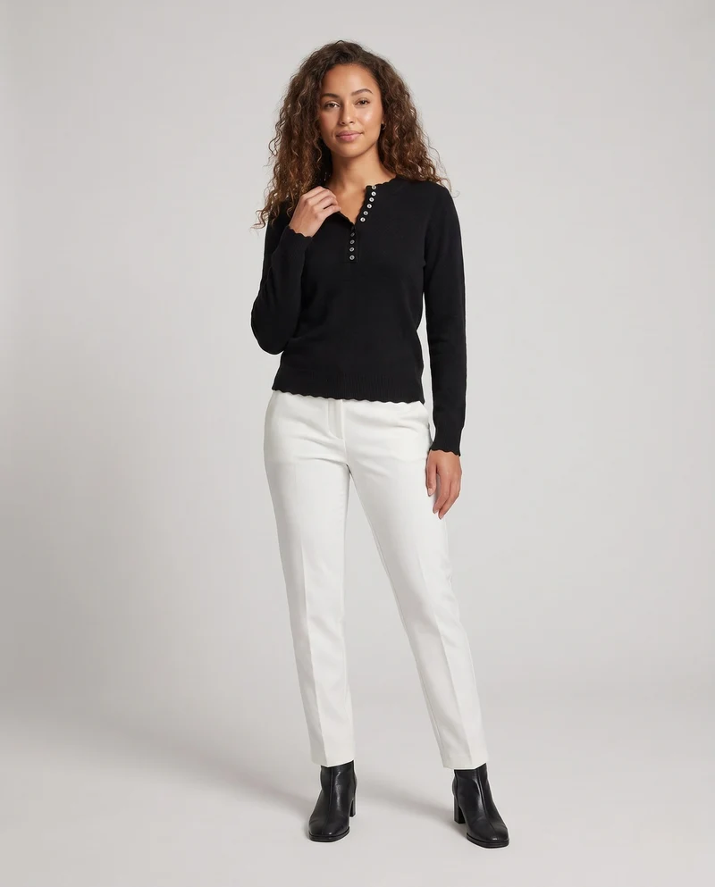 Damen Feiner Henley-Pullover mit Zierknopfleiste und dezenter Schlüssellochöffnung Nord Taschen