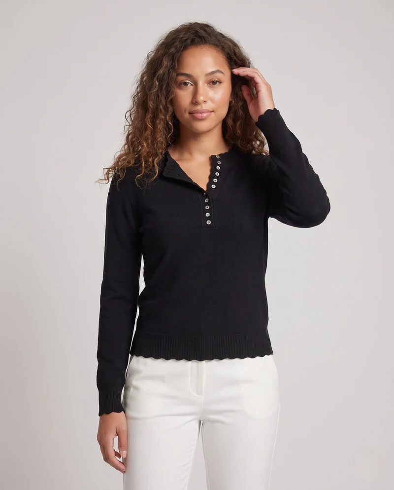 Damen Feiner Henley-Pullover mit Zierknopfleiste und dezenter Schlüssellochöffnung Nord Taschen