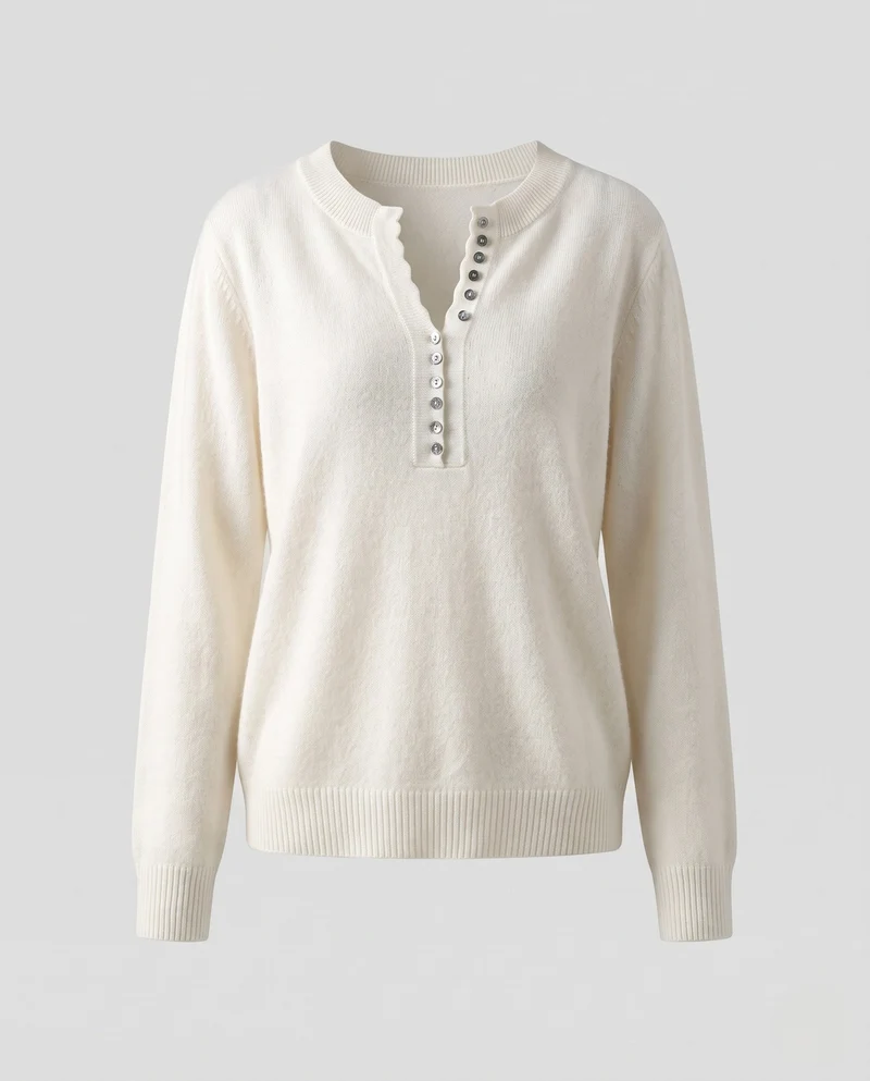Damen Feiner Henley-Pullover mit Zierknopfleiste und dezenter Schlüssellochöffnung Nord Taschen