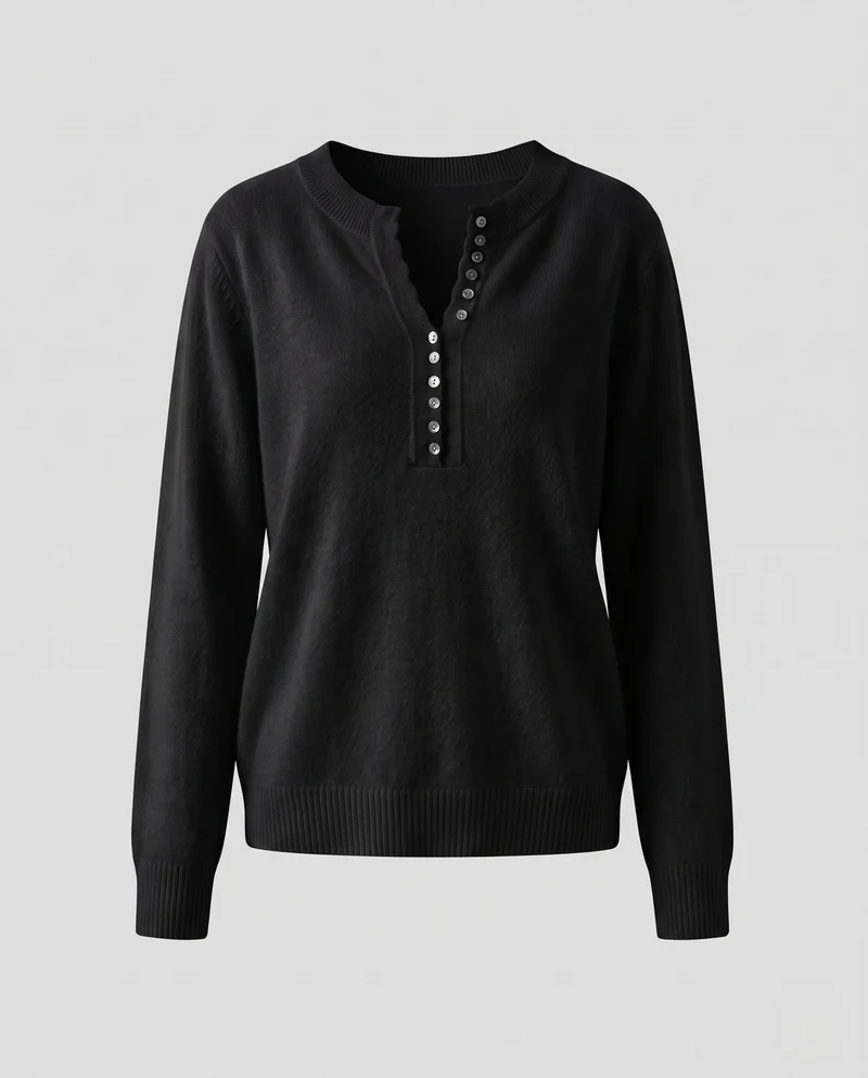 Damen Feiner Henley-Pullover mit Zierknopfleiste und dezenter Schlüssellochöffnung Nord Taschen