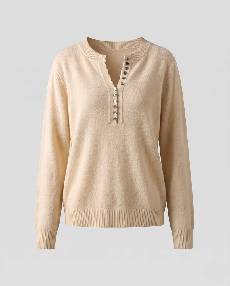 Damen Feiner Henley-Pullover mit Zierknopfleiste und dezenter Schlüssellochöffnung Nord Taschen