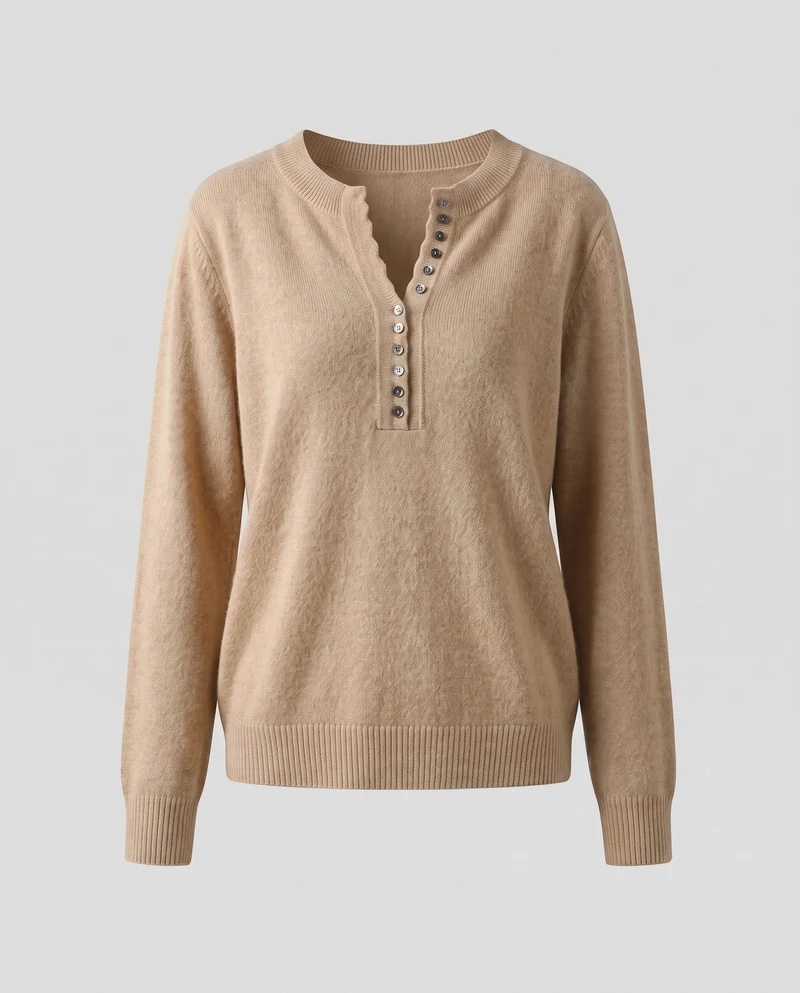 Damen Feiner Henley-Pullover mit Zierknopfleiste und dezenter Schlüssellochöffnung Nord Taschen