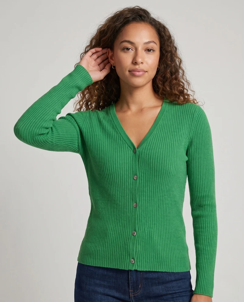 Damen Feiner gerippter V‑Neck-Cardigan aus Kaschmir‑Optik mit stretchiger Rippstruktur und Perlmuttknöpfen Nord Taschen