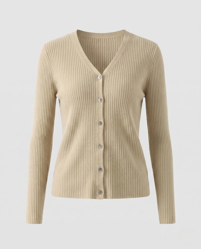 Damen Feiner gerippter V‑Neck-Cardigan aus Kaschmir‑Optik mit stretchiger Rippstruktur und Perlmuttknöpfen Nord Taschen