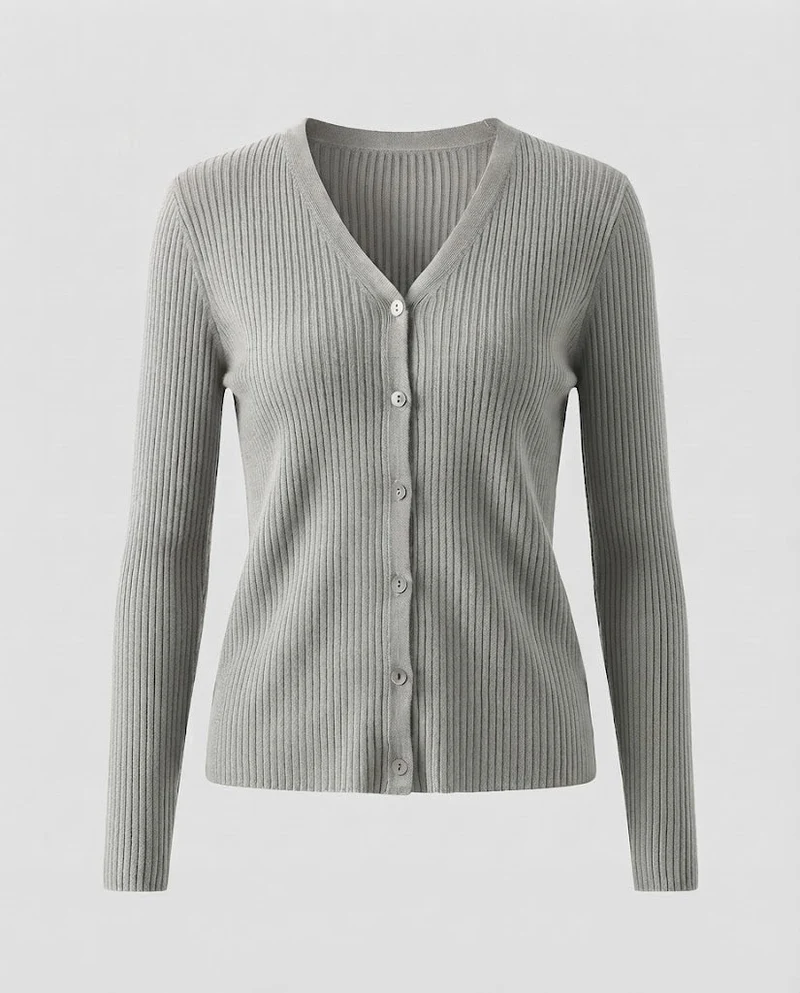 Damen Feiner gerippter V‑Neck-Cardigan aus Kaschmir‑Optik mit stretchiger Rippstruktur und Perlmuttknöpfen Nord Taschen