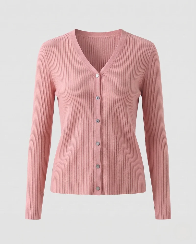 Damen Feiner gerippter V‑Neck-Cardigan aus Kaschmir‑Optik mit stretchiger Rippstruktur und Perlmuttknöpfen Nord Taschen