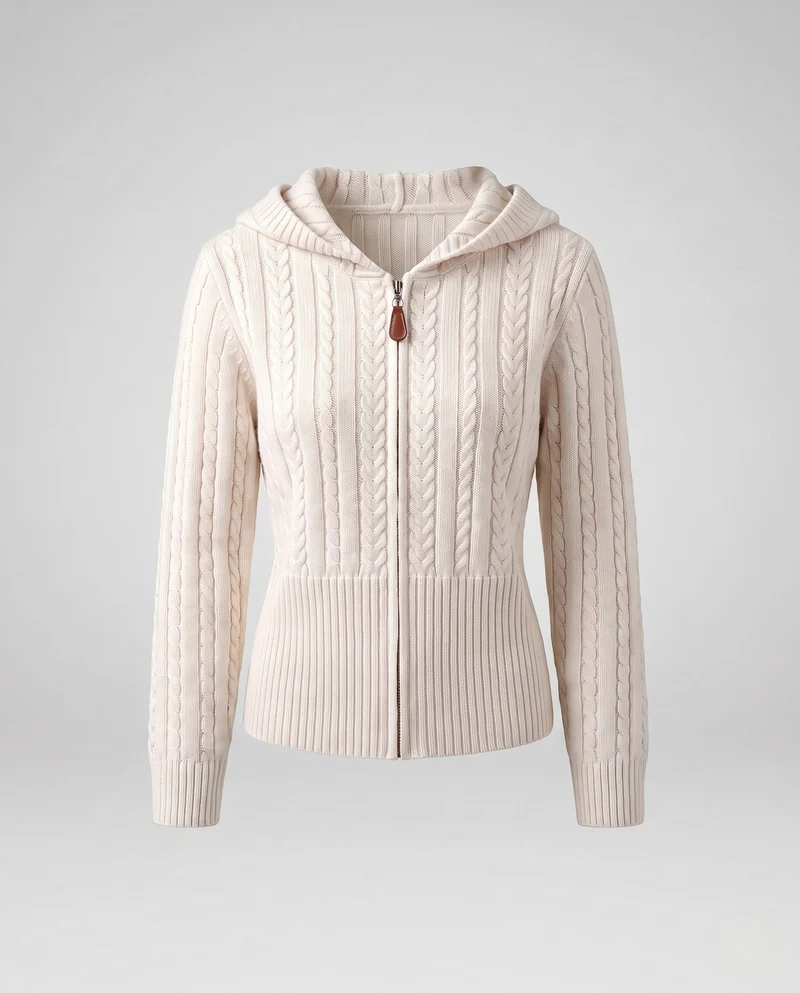 Damen Kapuzen-Zopfstrick-Cardigan mit Reißverschluss, schmaler Rippenbund und Leder-Zipperanhänger Nord Taschen