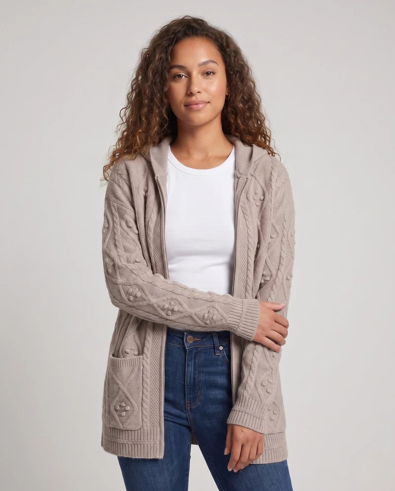 Damen Kapuzen-Longcardigan aus weichem Wollmix mit Zopfmuster, Reißverschluss und Eingrifftaschen Nord Taschen